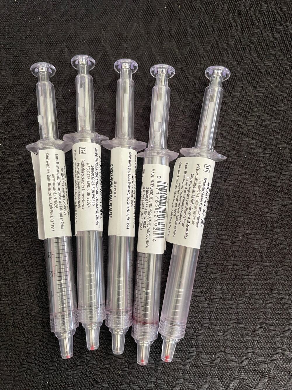 5 SYRINGE SHAPED BALLPOINT PENS RED INK BLOODY MEDICAL COSTUME ACCESSORY FW90093